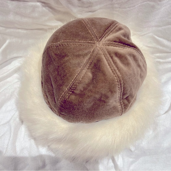 *3 for $20* PRICE DROP! Winter Hat, Golden Brown Velvet Cap, Ivory Faux Fur Trim - Picture 3 of 9